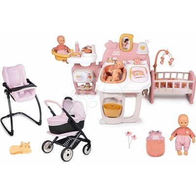 Smoby Set domček pre bábiku trojkrídlový a kočík s jedálenskou stoličkou Large Doll´s Play Center Soft Baby Nurse a 32 cm bábika so spacím vakom