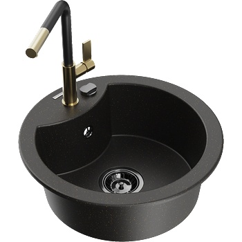 Mexen Diego гранитна мивка с 1 камера и кухненски смесител Flora, черен/златист металик - 6512-75-670401-57-B (6512-75-670401-57-B)