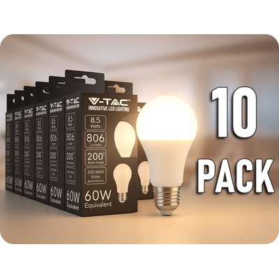 V-TAC E27 LED žárovka 8,5W, 806lm, A60/10-PACKTeplá bílá