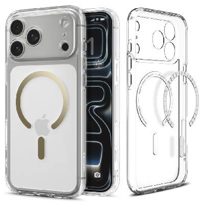 Удароустойчив кейс с MagSafe пръстен за iPhone 17 Pro Max от Spigen Ultra Hybrid Mag - Clear / Gold (8800283314168)
