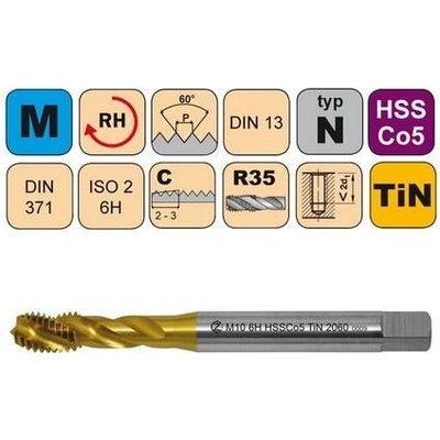 NÁSTROJE CZ Závitník strojní M8x1,25 ISO2 HSSCo5 TiN DIN 371 RSP35 - 2060 - CZZ2060-M8-ISO2