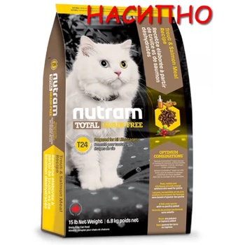 Nutram T24 Nutram Total Grain-Free® Trout and Salmon Meal Recipe Cat Food, Натурална котешка рецепта БЕЗ зърно с Пъстърва и Сьомга, Приготвена за котки и котенца НАСИПНО