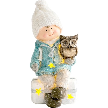 MagicHome Postavička Chlapček sediac na taburetke so sovičkou 1 LED