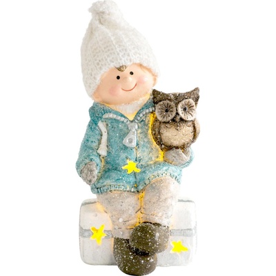 MagicHome Postavička Chlapček sediac na taburetke so sovičkou 1 LED