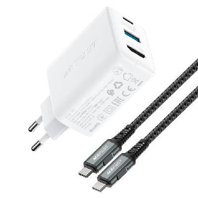 Зарядно устройство Acefast A17 65W GaN Charger White, от контакт към 1x USB-A(ж)/1x USB-C(ж)/1x HDMI(ж), 20V/30A, 65W, бяло, с USB-C към USB-C кабел