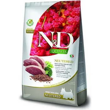 Farmina N&D QUINOA Dog Duck Neutred Adult MINI - Пълоценна суха храна за кастрирани кучета над 1 година, без зърнени култуи, с патешко месо , броколи и аспержи, 800 гр