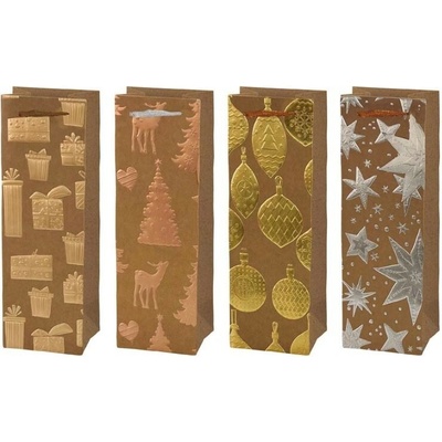 MFP Kraft mix V29, vianočná darčeková taška na fľašu, rozmer 12x36x8,5cm, rôzne metalické motívy
