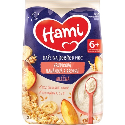 Hami Mliečna kaša na dobrú noc krupicová s banánom a broskyňou 210 g