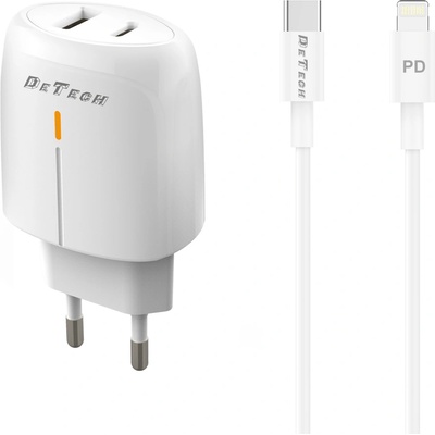 DeTech Мрежово зарядно устройство DeTech DE-31PDL, 20W, С Type-C към Lightning кабел, 1 x Type-C F, 1 x USB F, PD, QC, Бял - 40323 (40323)