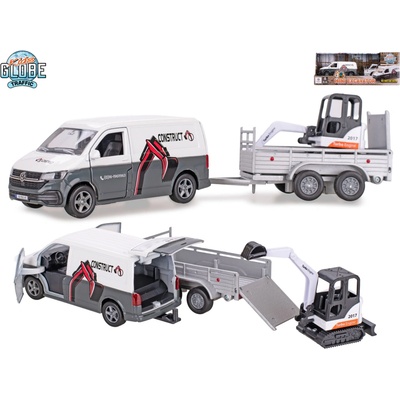 Kids Globe Traffic VW Transporter s přívěsem 27cm zpětný chod s mini bagrem v krabičce