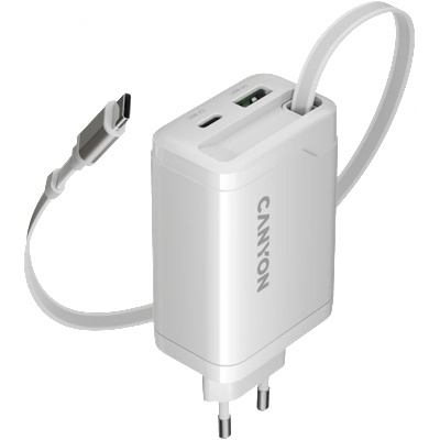CANYON Захранващ адаптер CANYON OnCharge 65RC, 65W USB-C/USB-A, Power Delivery, GaN Technology, Вграден кабел, EU - CNS-CURC65ACW (CNS-CURC65ACW)