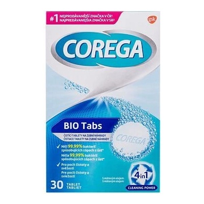 Corega Tabs Bio antibakteriální tablety pro čištění zubní náhrady 30 ks čisticích tablet