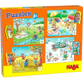 HABA Детски пъзели Haba 4 x 15 - Сезони, с 4 дървени фигурки (301888)