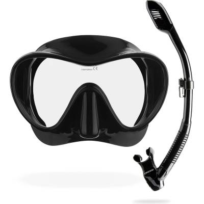 CRESSI Frameless Diving Mask F1 - Fog-free Glass Lens, Diving Goggles - Ergonomic Silicone Rim, Snorkel Mask - Dry Snorkel & Snorkel Set - Black - Combo Set - YDS280050