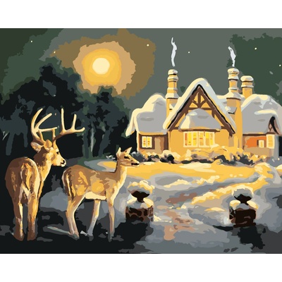 ZUTY Malování podle čísel JELEN A LAŇ U ZASNĚŽENÉHO DOMU D RUSTY RUST Rozměr 80 x 100 cm Rámování bez rámu a bez vypnutí plátna