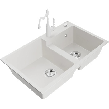 Mexen Tomas двоен гранитен кухненски мивка с кухненски смесител Carla, бял - 6516-20-670700-20 (6516-20-670700-20)