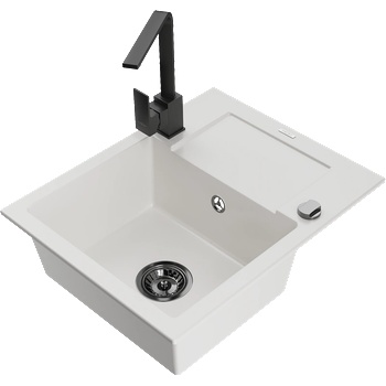 Mexen Enzo гранитна мивка с 1 отделение с дренаж и кухненски смесител Rita, бял - 6506-20-670300-70 (6506-20-670300-70)