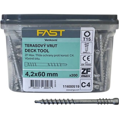 Vruty terasové FAST Decking Screw 4,2x60 Legovaná ocel C4, TX15, vč. prodlouženého bitu (200 ks)