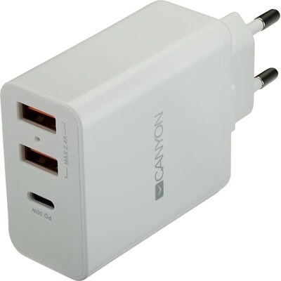 CANYON Universal 3xUSB AC charger (in wall) with over-voltage protection(1 USB-C with PD Quick Charger), Input 100V-240V, Output (CNE-CHA08W)