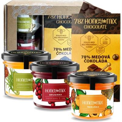 HoneyMix Dárková sada medů s medovou čokoládou 3x140 g + 1x60 g