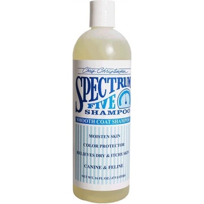 Chris Christensen Spectrum Five Shampoo - предназначен за породи с гладка козина, които са предразположени да имат суха, груба и лющеща се кожа, раздразнена или със сърбеж, което води до обезцветяване на козината 473 мл