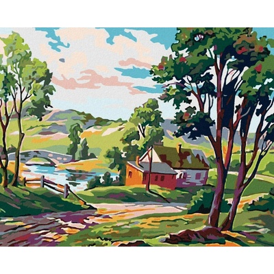 zuty Malování podle čísel Venkovské stavení u rybníčku 100 x 80 cm bez rámu a bez vypnutí plátna
