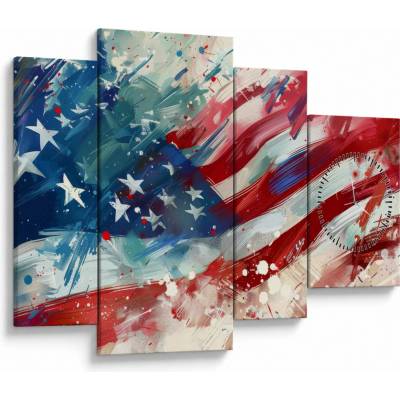 Obraz - Vlajka USA (s hodinami), štvordielne 110x75 cm s hodinami
