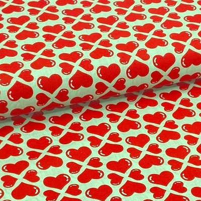 Bavlněné plátno P0668 mint, červená srdíčka, š.140
