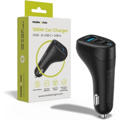 Mobile Origin Зарядно за кола с 2xUSB-C и USB-A изходи с технология за бързо зареждане и USB-C към USB-C кабел - Mobile Origin CA25 Triple Quick Car Charger 100W (черен) (MO-100WCCH-CA25)