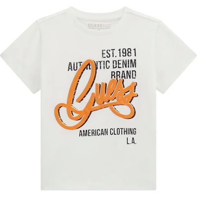 GUESS Бяла тениска за мини момче с оранжев надпис Guess