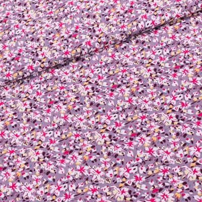 Šatovka viskózová 3136 D, červené a žluté květiny na šedo-fialové, š.145cm (látka v metráži)