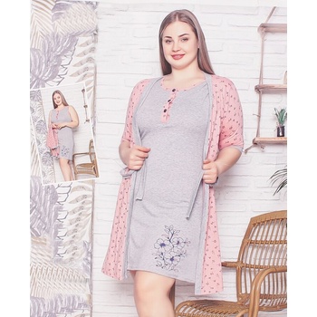 Макси комплект в розово и сиво - нощница и халат с клонки