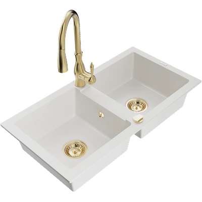 Mexen Mario двукамерна гранитна мивка с кухненски смесител Savita, бял - 6504-20-672601-50 (6504-20-672601-50)