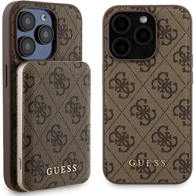 GUESS GUBPM5P15L4GEMGW комплект iPhone 15 Pro 6, 1" твърд калъф + powerbank 5000mAh MagSafe кафяв с метално лого 4G (GUBPM5P15L4GEMGW)