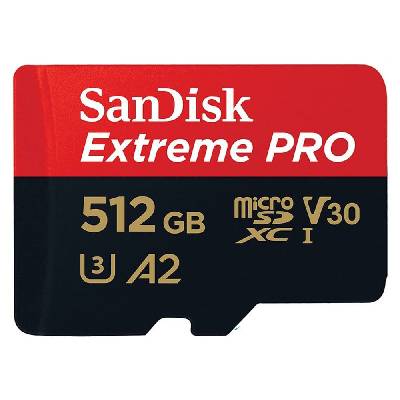 Карта памет 512GB microSDXC, Sandisk Extreme Pro с адаптер, Class 10 UHS-1 U3, скорост на четене 200MB/s, скорост на запис 140MB/s (SDSQXCD-512G-GN6MA)
