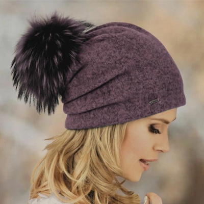 Krumlovanka dámská čepice s bambulí W-0004/506M fialová 506 melange