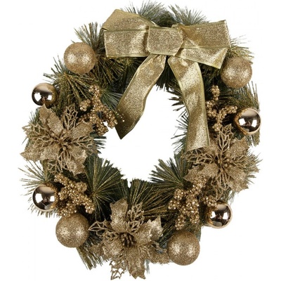 Clayre & Eef Zeleno-zlatý vánoční věnec s mašlí a koulemi Christmas Wreath - Ø 40*10 cm