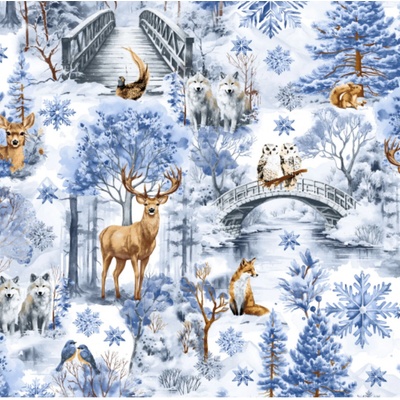 Vianočný vzor bavlnenej látky vzor Příroda, farba Modrá, metráž 160 cm