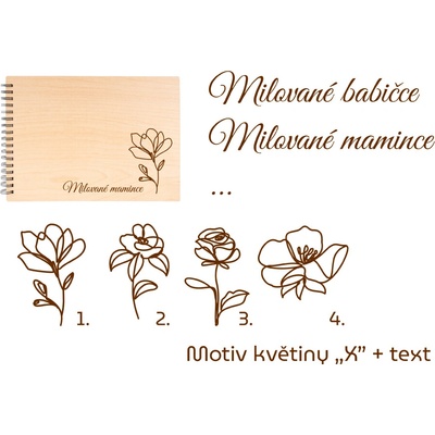 GEDEON Fotoalbum na fotorůžky 32x23 cm 60 stran Plywood GRAVÍR Rozměr: Rozměr do 100 cm2, Motiv gravíru: Motiv květiny "X" + text