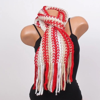 Image 1 of Дамски шал с плитки и ресни в червено, бяло и бежово