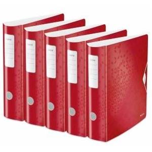 Leitz quality folder 180° Active WOW, pack of 5, A4, wide, rounded spine, 8.2 cm wide, elastic band closure, water- and dirt-repellent polyfoam, with inner pockets, WOW series, red, 11060026 - 11060026-5