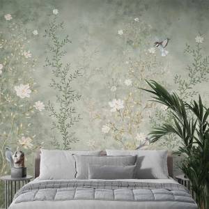 Art Gift Decor Фототапет с нежни цветя и птици в зелени тонове