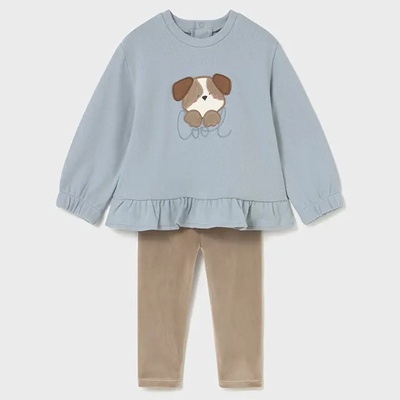 Mayoral Комплект плюшен бежов клин и пуловер в син цвят с кученце за бебе момиче Mayoral