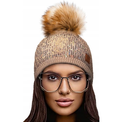 Fashionweek dámská Lesklá flitrová čepice bohatý styl s bambulí flísová podšívka MONTANA Capuccino