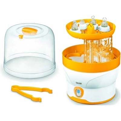 Beurer BY 76 steam steriliser; Disinfects up to 6 bottles and accessories in 7 minutes; LED display, tongs, removable bottle grid, measuring jug (95308)