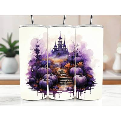 Cool termokelímek s brčkem 590 ml Halloweenský fialový hrad s dýněmi
