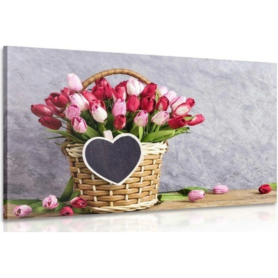 Obraz červené tulipány v dřevěném košíku - 90x60