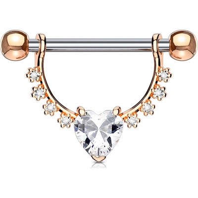 Šperky eshop piercing do bradavky z chirurgické oceli půlkruh srdíčko zirkony rhodiovaný W35.36 Čirá C
