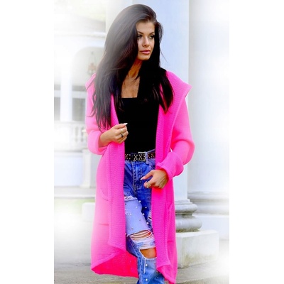 Fashionweek Mega pletený svetr kabát s kapuci NEON TREND HEVEN Růžový neon