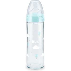 Nuk Стъклено шише със силиконов биберон NUK - New Classic FC+, 240 ml, размер М, 0-6 m, Сини облачета (10745080)